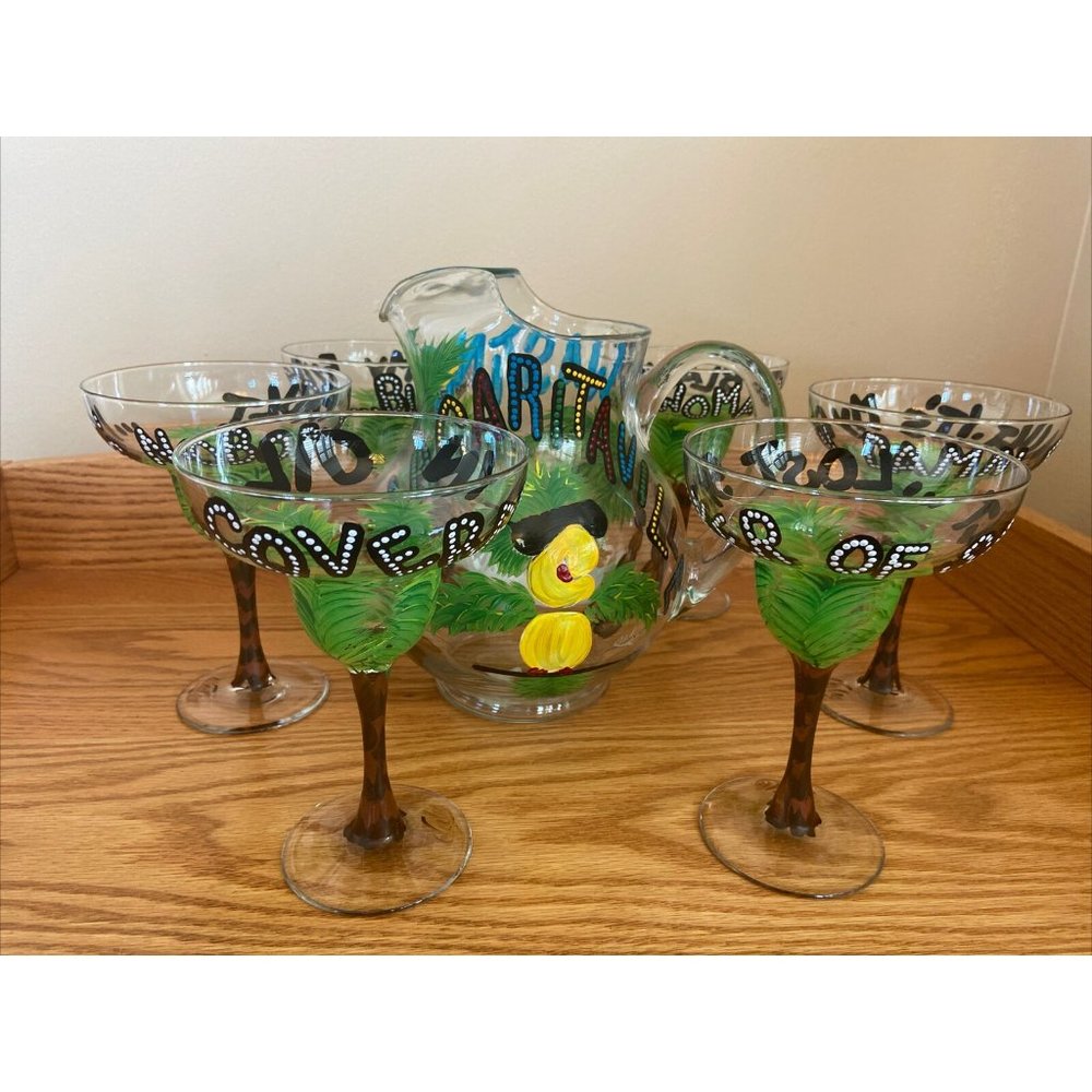 MARGARITAVILLE Hand Painted Pitcher And (6) Glasses Set “Lost Shaker Of Salt”